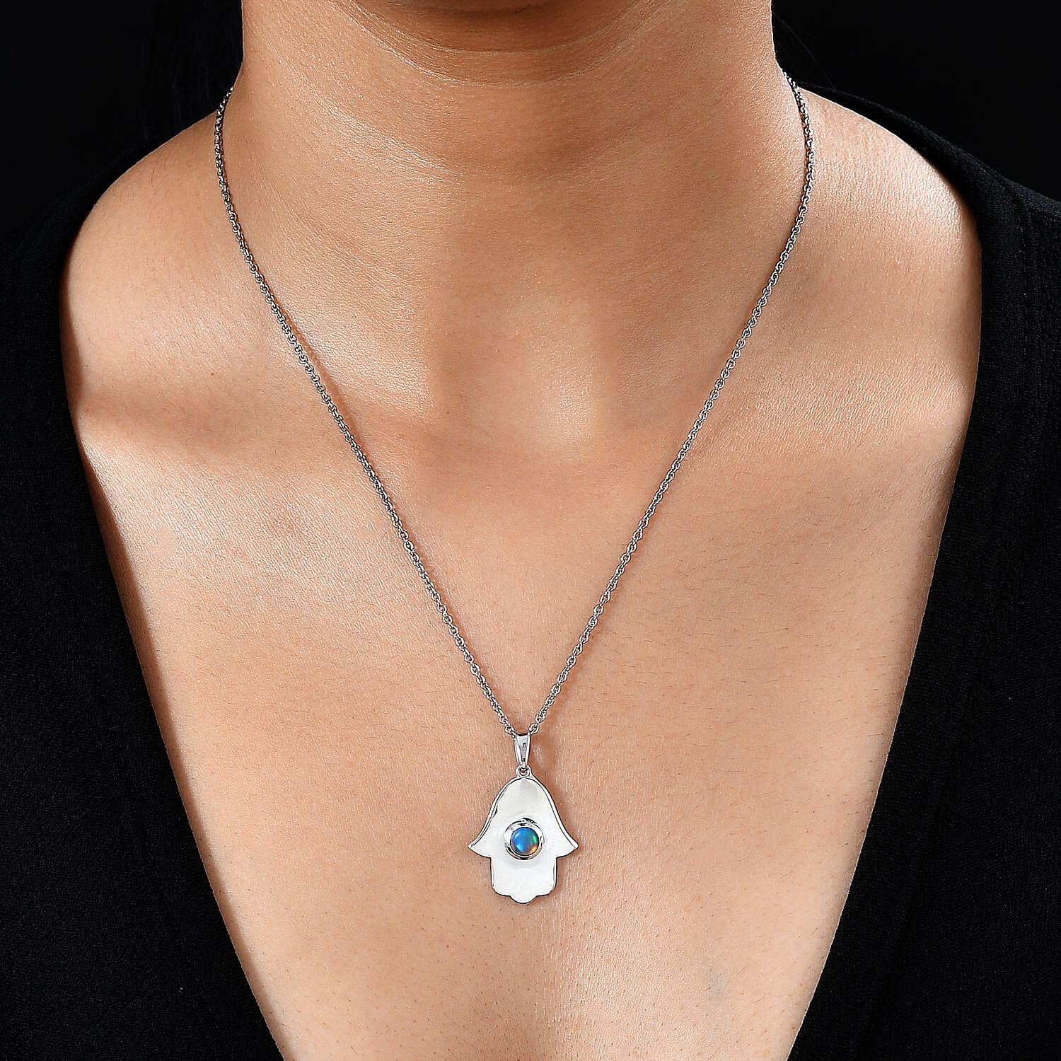 Ethiopian Welo Opal Hamsa Pendant with Chain (Size 20) in Rhodium Overlay Sterling Silver