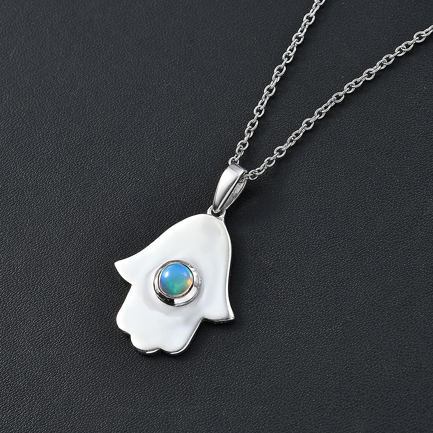 Ethiopian Welo Opal Hamsa Pendant with Chain (Size 20) in Rhodium Overlay Sterling Silver