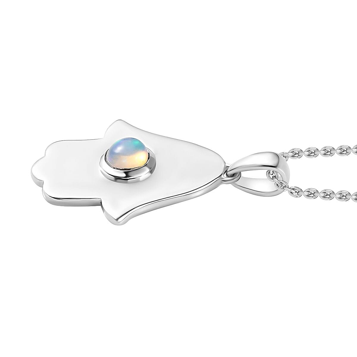 Ethiopian Welo Opal Hamsa Pendant with Chain (Size 20) in Rhodium Overlay Sterling Silver