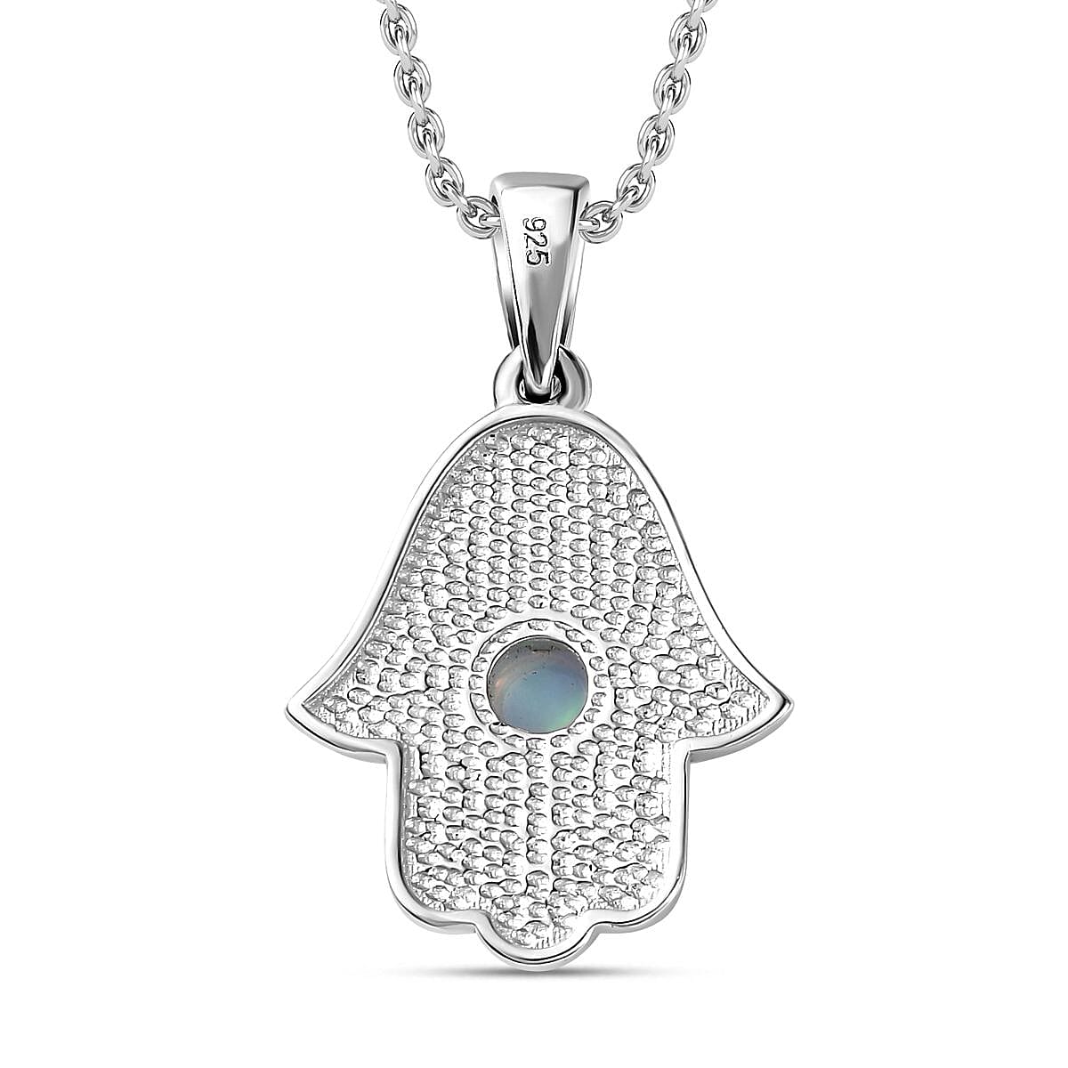 Ethiopian Welo Opal Hamsa Pendant with Chain (Size 20) in Rhodium Overlay Sterling Silver