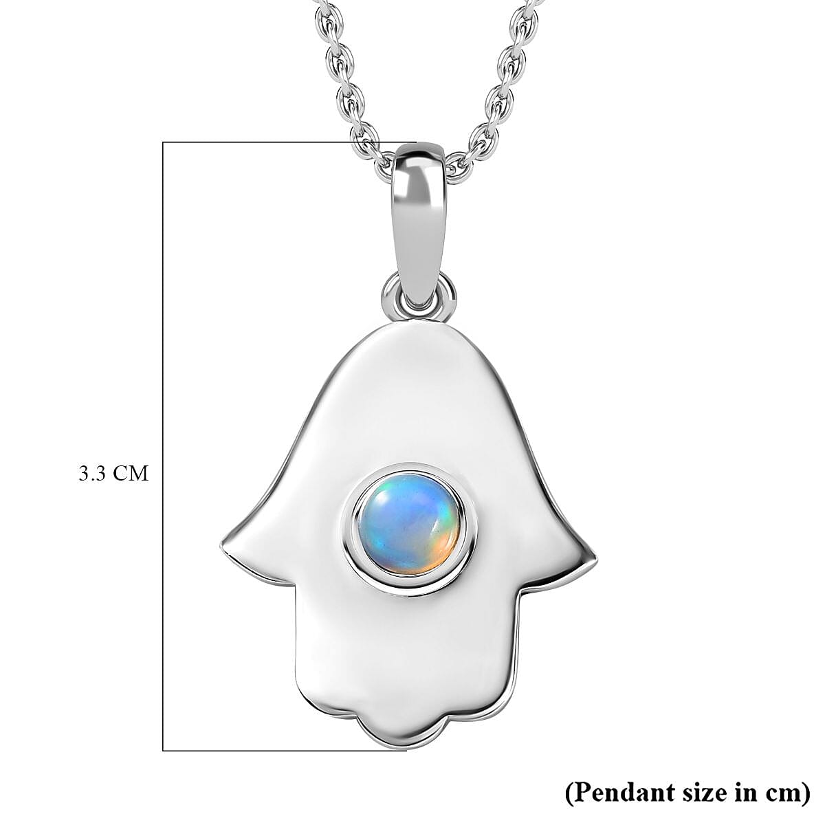 Ethiopian Welo Opal Hamsa Pendant with Chain (Size 20) in Rhodium Overlay Sterling Silver