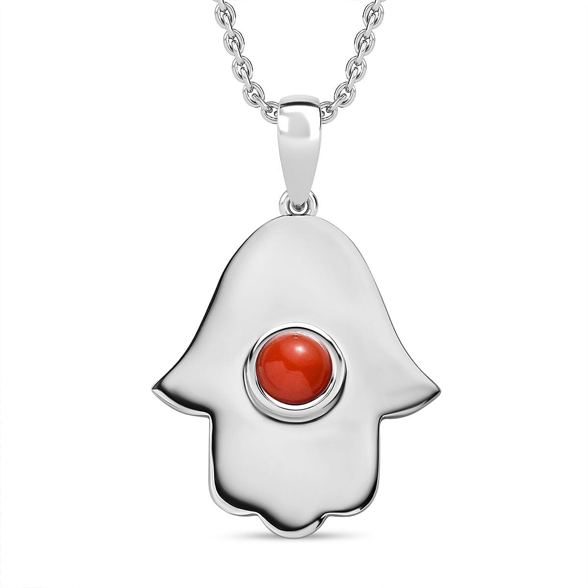 Coral Pendant with  Chain (Size 20) in Rhodium Overlay Sterling Silver