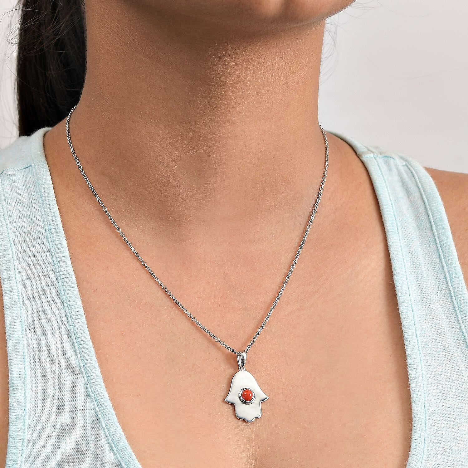 Coral Pendant with  Chain (Size 20) in Rhodium Overlay Sterling Silver