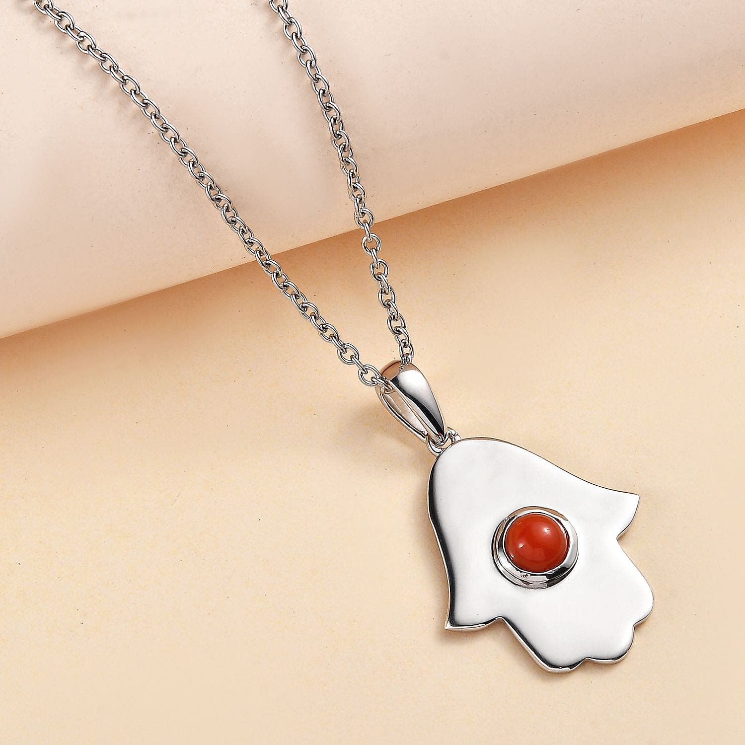 Coral Pendant with  Chain (Size 20) in Rhodium Overlay Sterling Silver