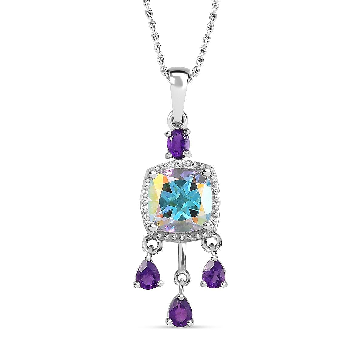 Mercury Mystic Topaz & Amethyst Pendant with Chain (Size 20) in Rhodium Overlay Sterling Silver 3.10 Ct, Silver Wt. 6.57 Gms