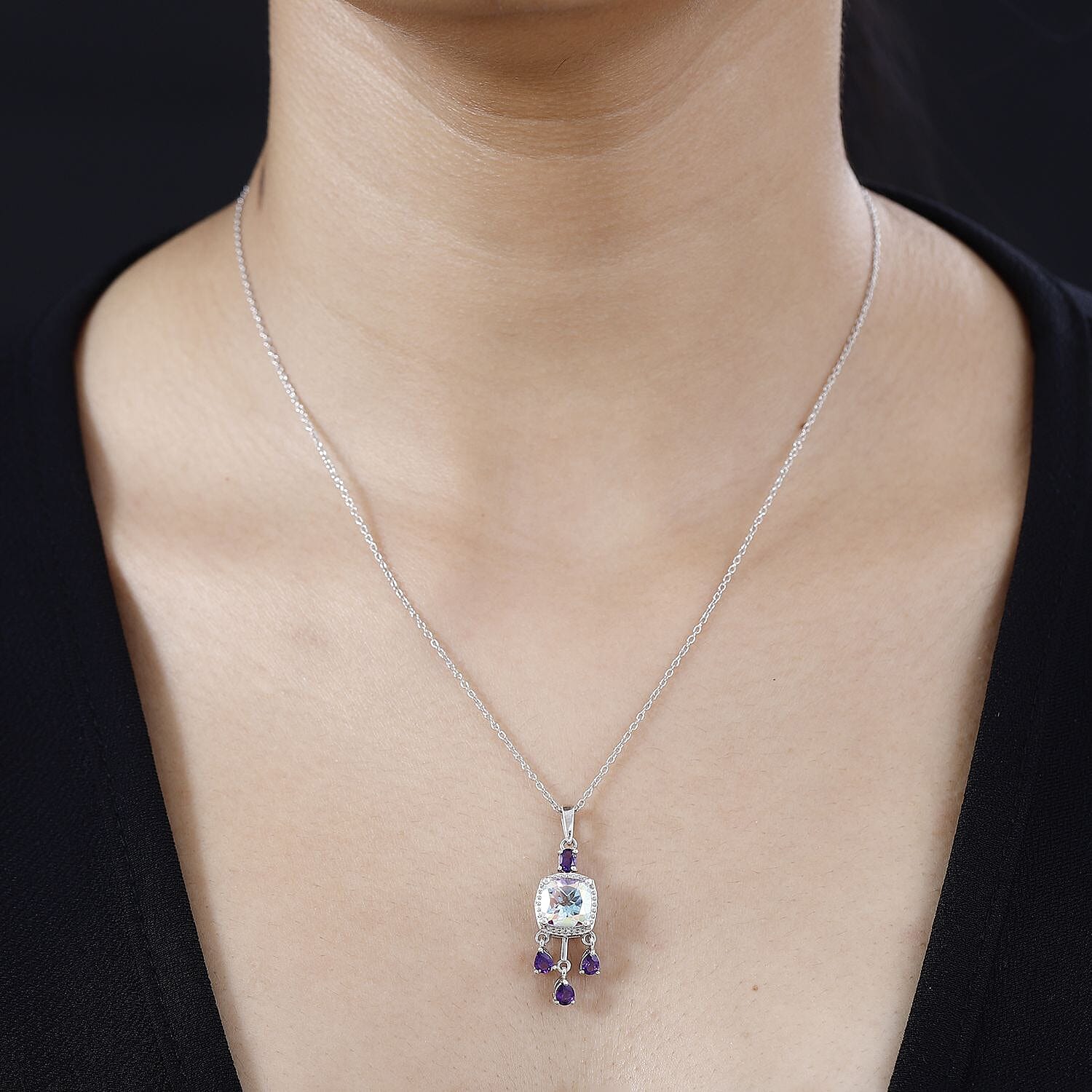 Mercury Mystic Topaz & Amethyst Pendant with Chain (Size 20) in Rhodium Overlay Sterling Silver 3.10 Ct, Silver Wt. 6.57 Gms