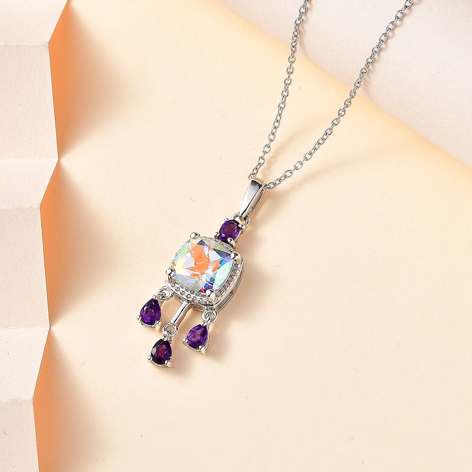 Mercury Mystic Topaz & Amethyst Pendant with Chain (Size 20) in Rhodium Overlay Sterling Silver 3.10 Ct, Silver Wt. 6.57 Gms