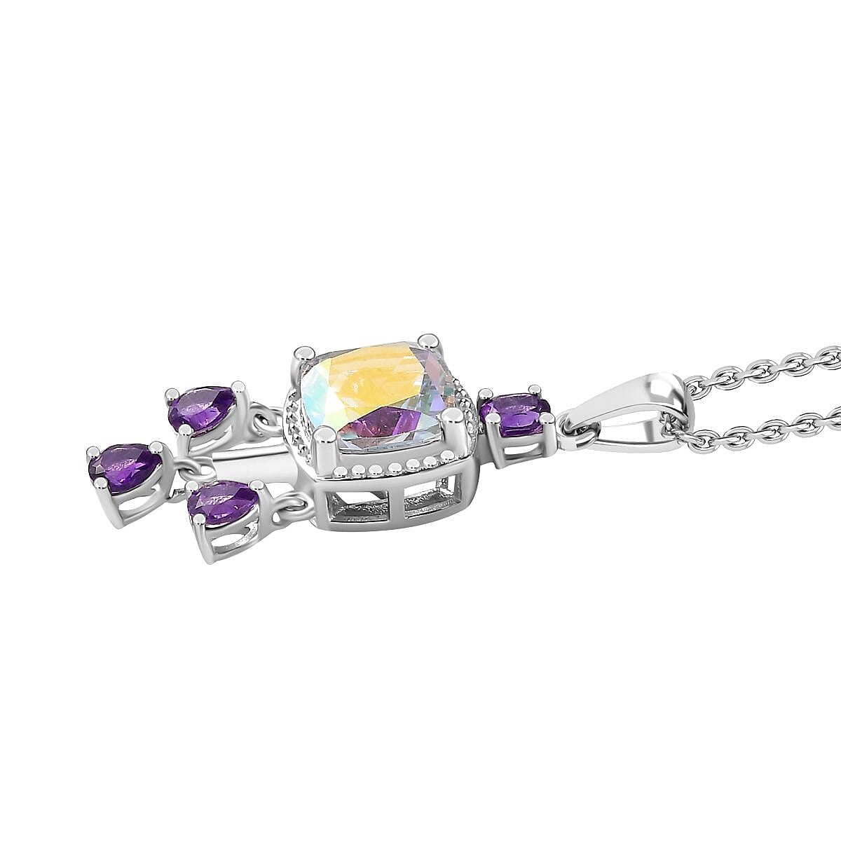 Mercury Mystic Topaz & Amethyst Pendant with Chain (Size 20) in Rhodium Overlay Sterling Silver 3.10 Ct, Silver Wt. 6.57 Gms