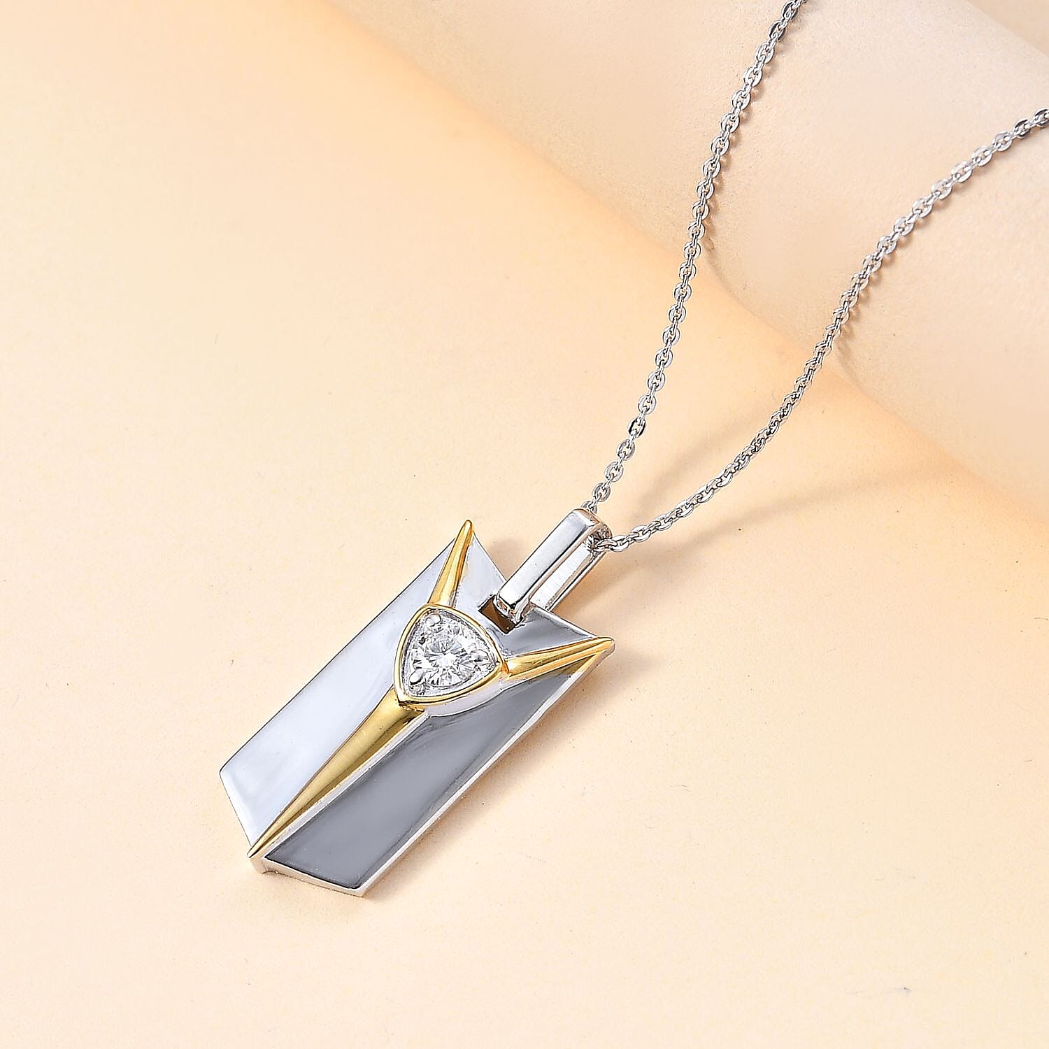 Moissanite Byzantine Shield Pendant with Chain (Size 20) in Platinum Overlay Sterling Silver