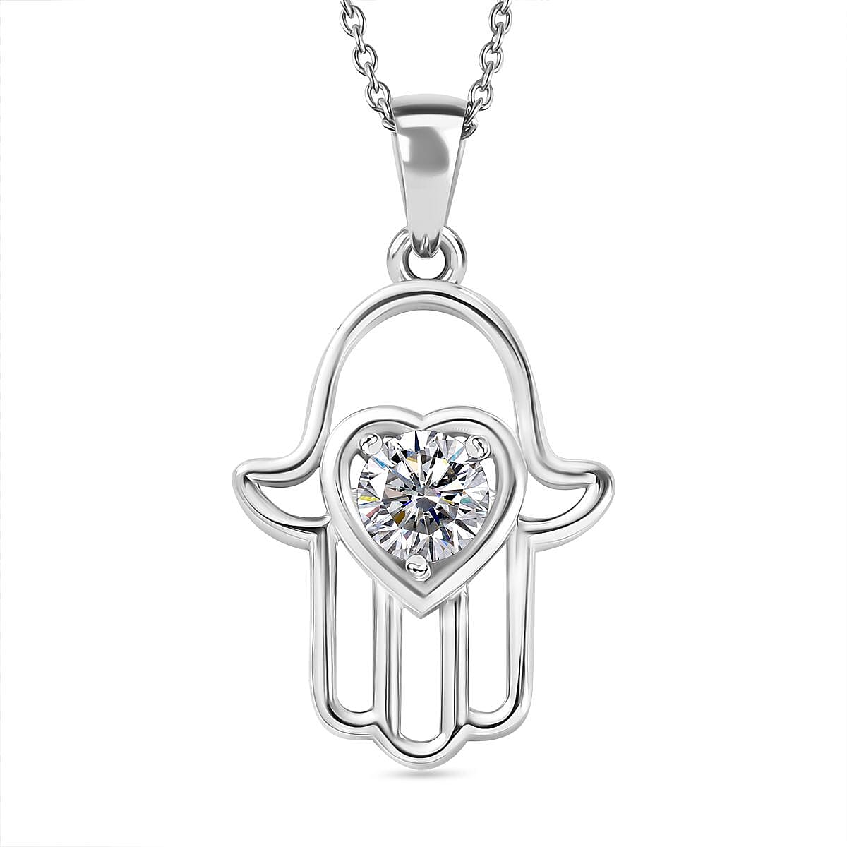 Moissanite Fatima Pendant with Chain (Size 20) in Rhodium Overlay Sterling Silver