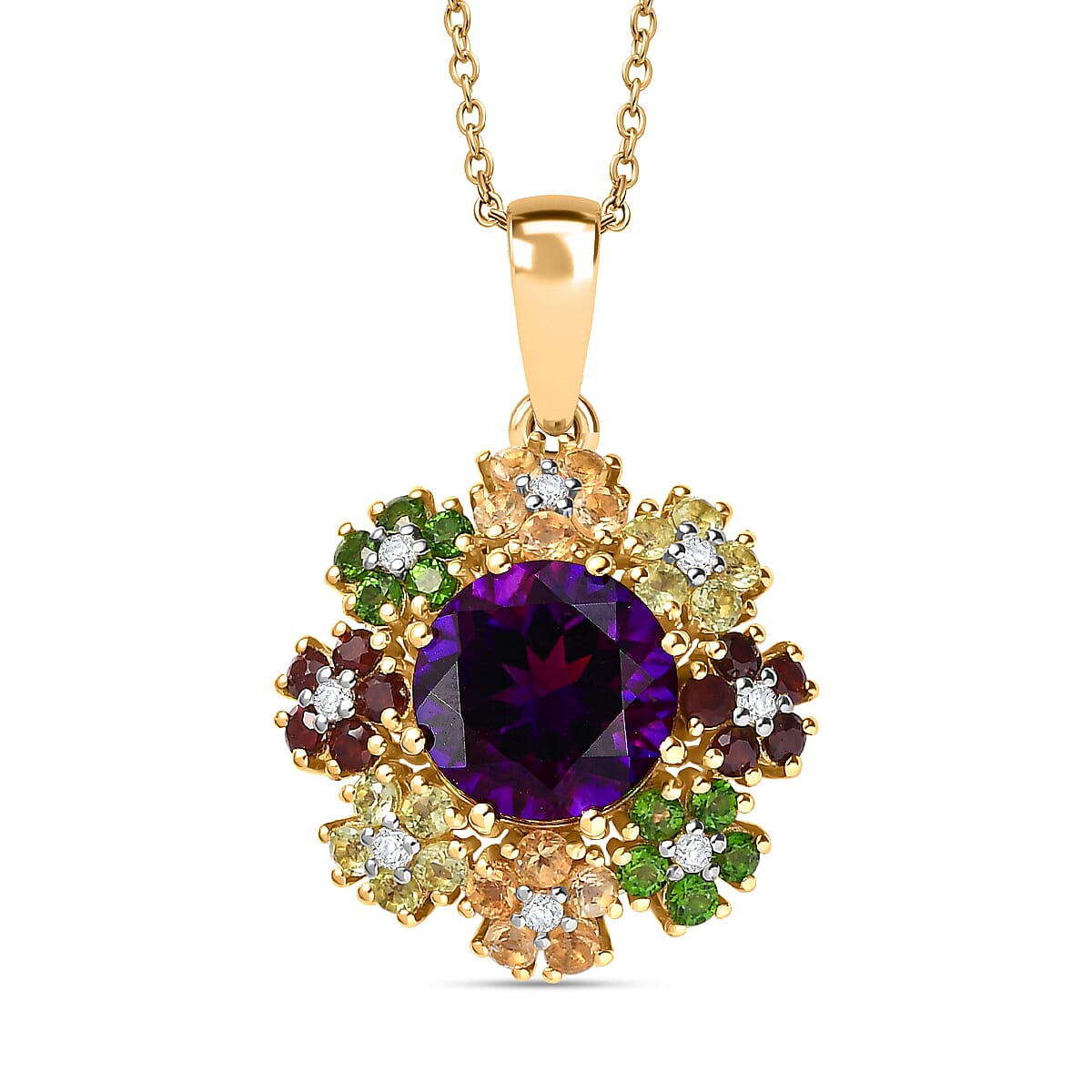 The Medina - Moroccan Amethyst & Multi-Gemstone Pendant with Chain (Size - 20) in 18K Vermeil Yellow Gold Plated Sterling Silver 5.92 Ct.
