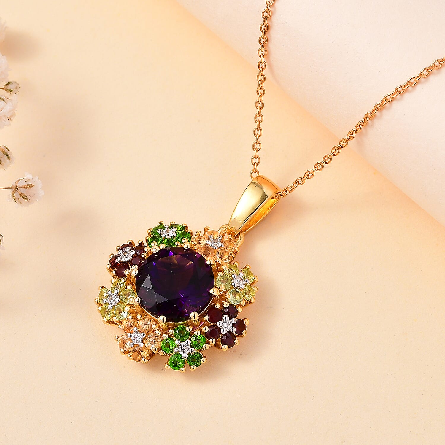 The Medina - Moroccan Amethyst & Multi-Gemstone Pendant with Chain (Size - 20) in 18K Vermeil Yellow Gold Plated Sterling Silver 5.92 Ct.