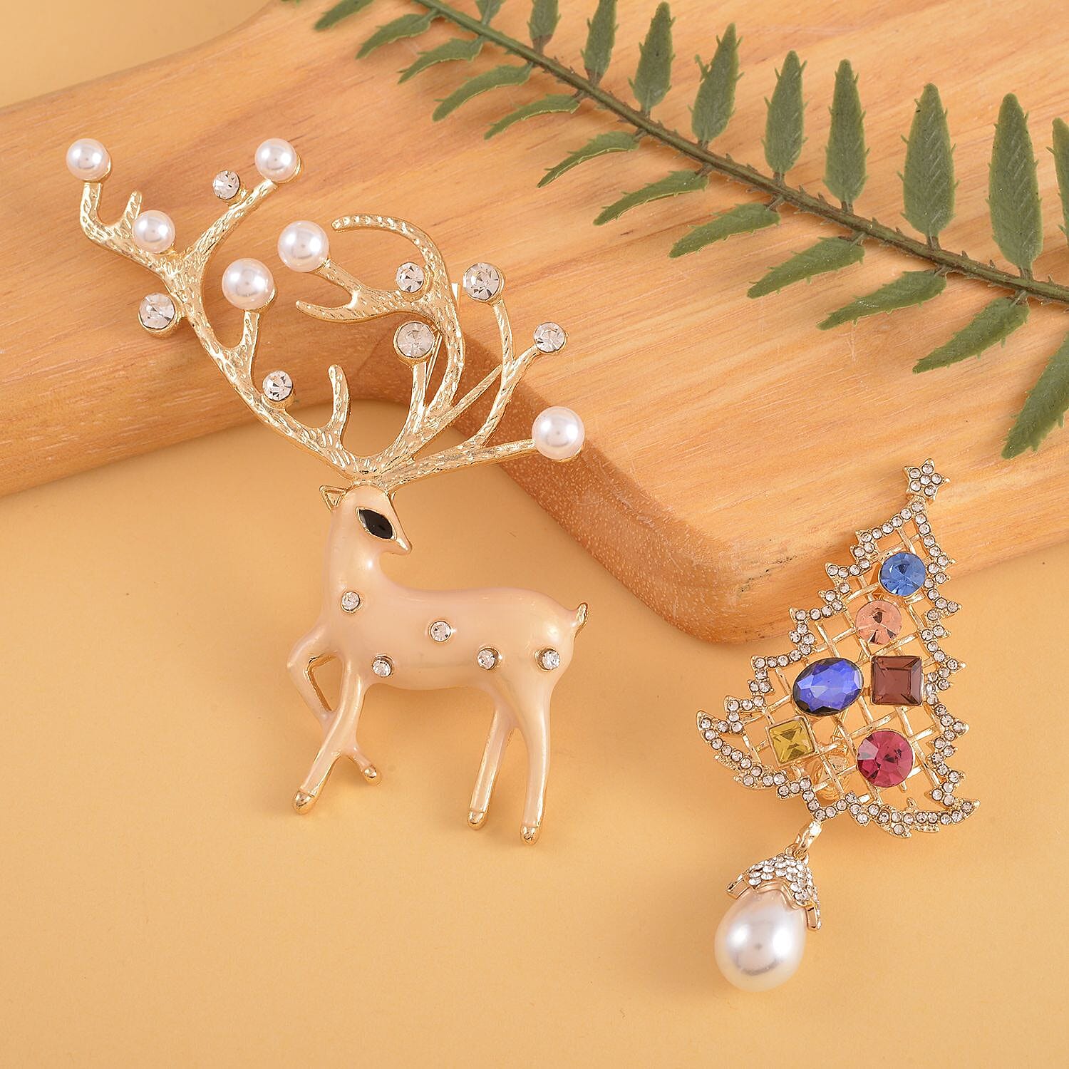 Set of 2 - Simulated Pearl and Multi Colour Austrian Crystal Reindeer and Christmas Tree Brooch in Yellow Gold Tone.
