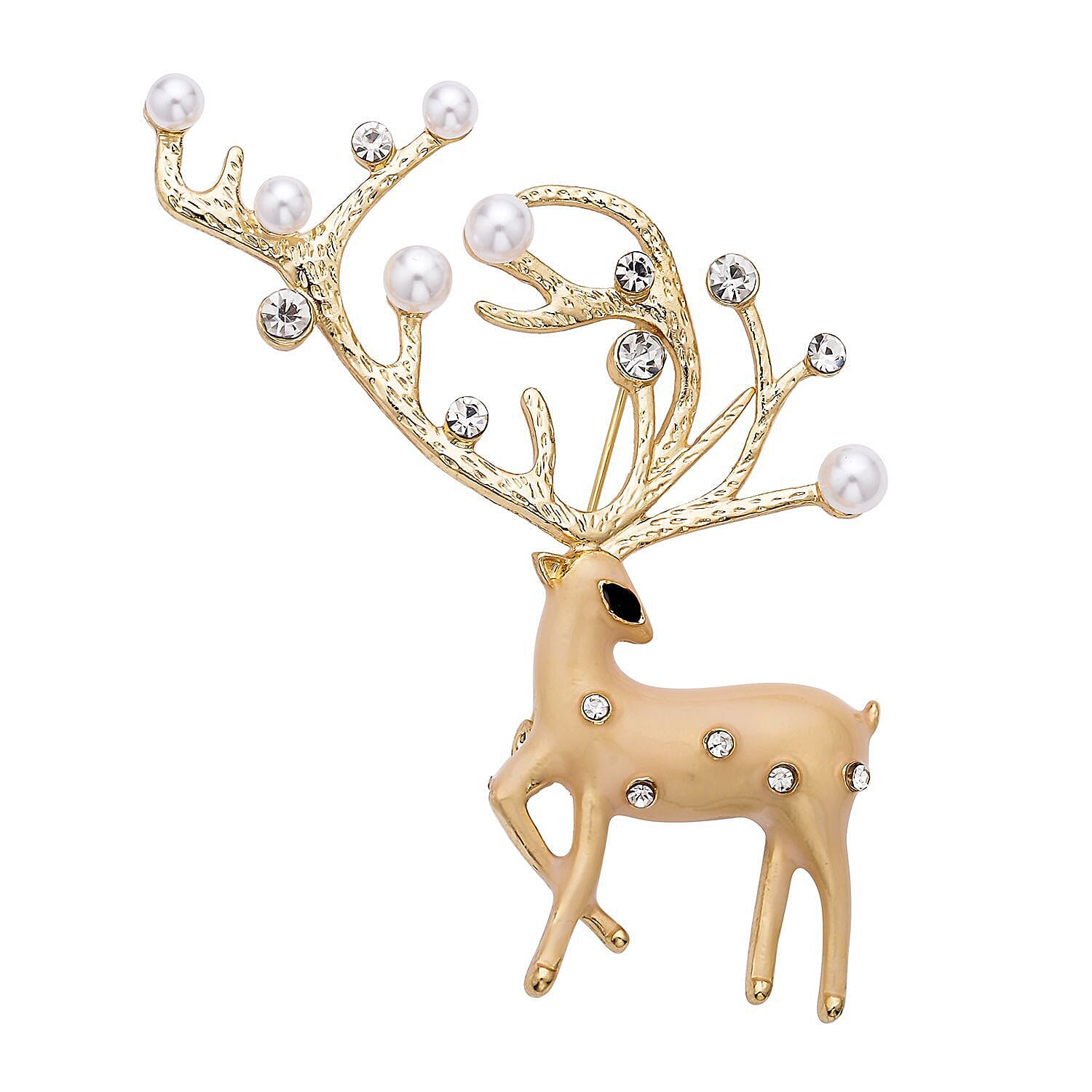 Set of 2 - Simulated Pearl and Multi Colour Austrian Crystal Reindeer and Christmas Tree Brooch in Yellow Gold Tone.