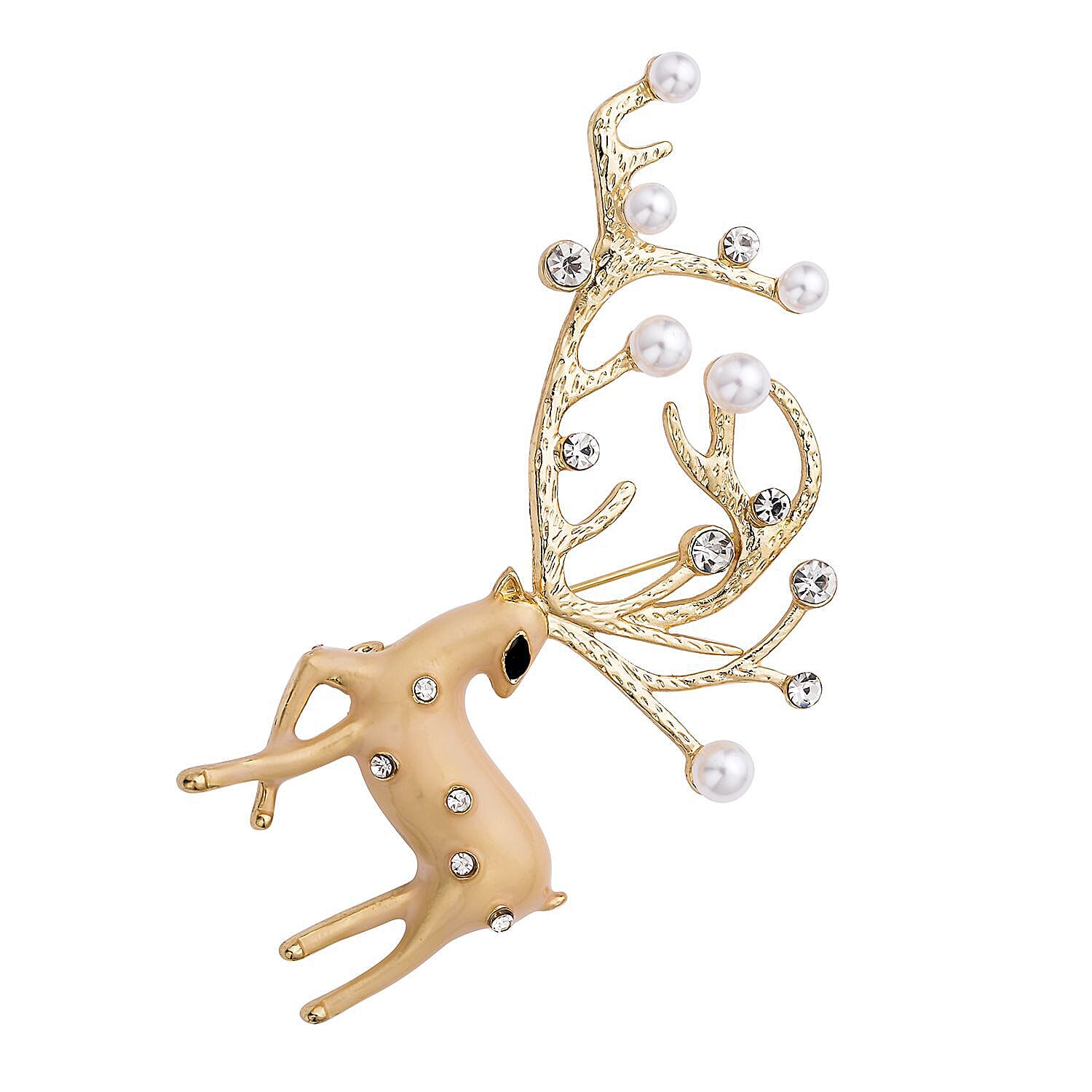 Set of 2 - Simulated Pearl and Multi Colour Austrian Crystal Reindeer and Christmas Tree Brooch in Yellow Gold Tone.