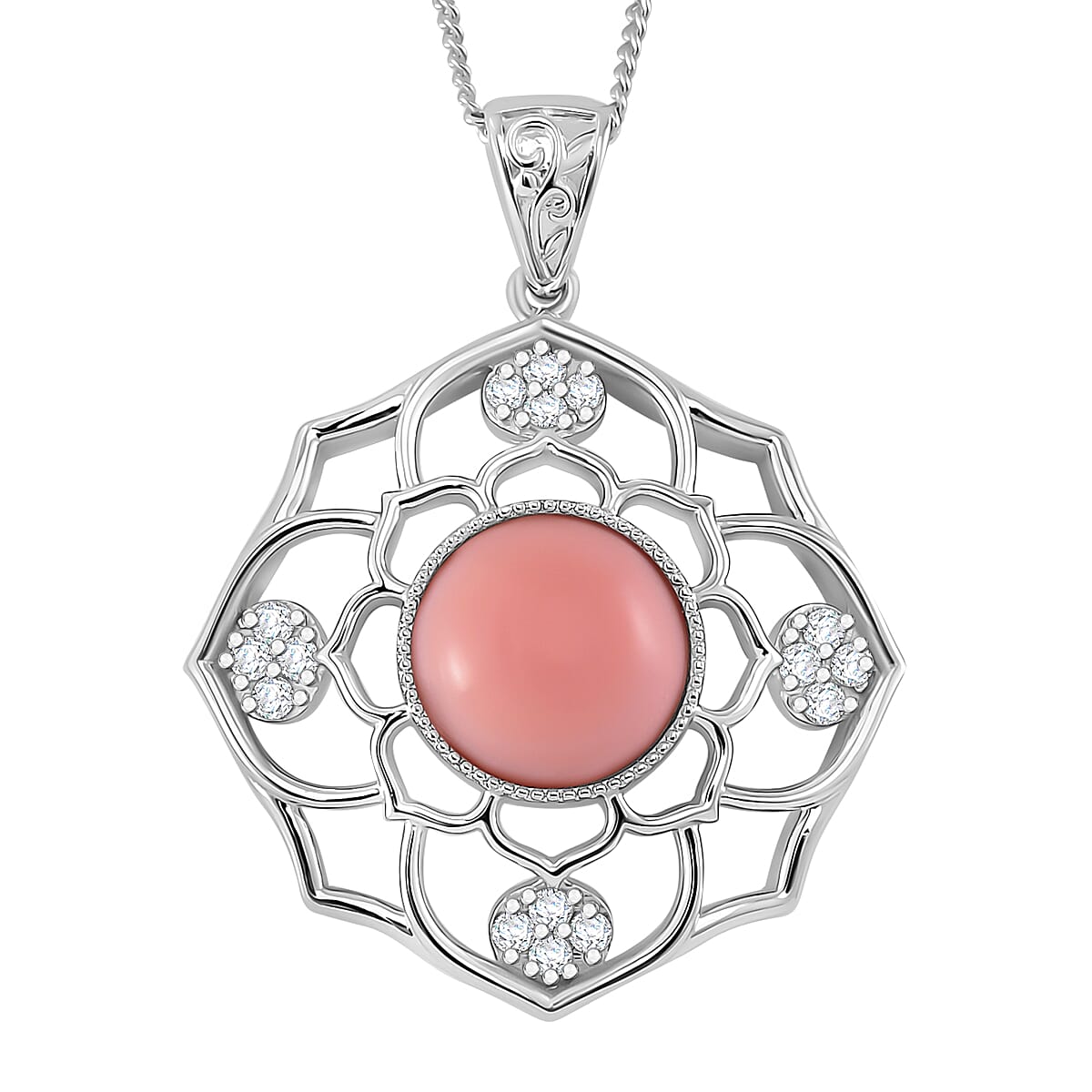 Queen Conch Shell, White Zircon Pendant with Chain (Size 18) in Rhodium Overlay Sterling Silver 4.48 Ct.