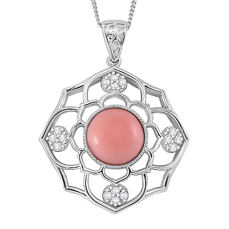 Queen Conch Shell, White Zircon Pendant with Chain (Size 18) in Rhodium Overlay Sterling Silver 4.48 Ct.