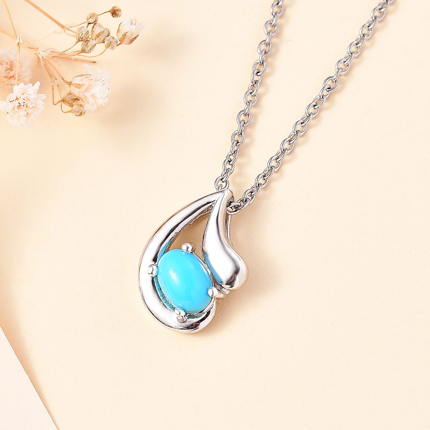 Sleeping Beauty Turquoise Pendant with Chain (Size 20) in Rhodium Overlay Sterling Silver