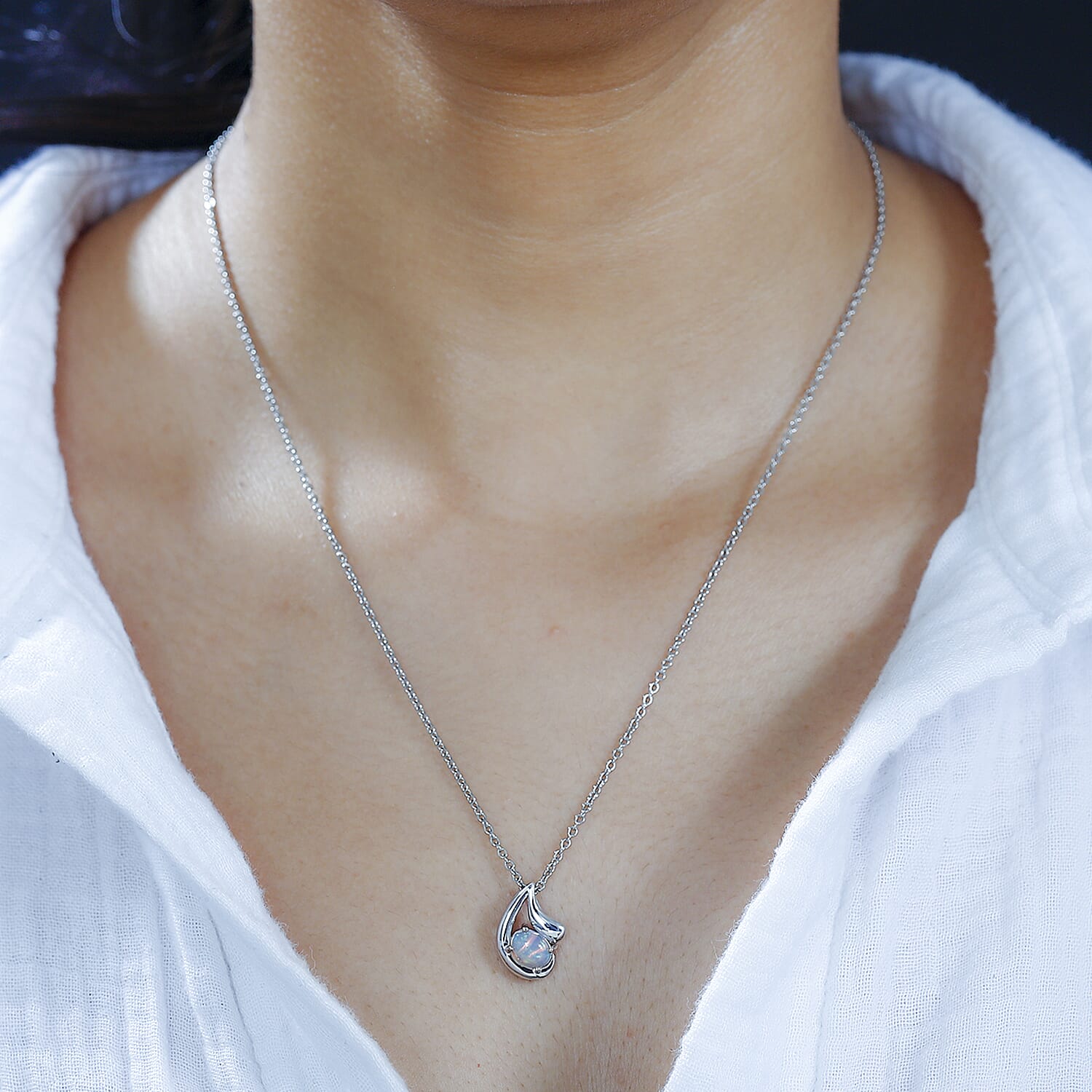 Ethiopian Opal Pendant with Chain (Size 20) in Rhodium Overlay Sterling Silver