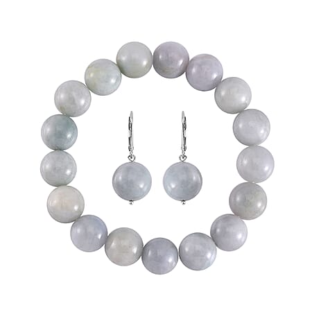 Natural Type A White Jadeite Bracelet and Earrings in Rhodium Overlay Sterling Silver 200 ct.