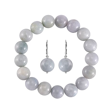 Natural Type A White Jadeite Beads Stretchable Bracelet (Size - 7.5) & Earrings with Lever Back in Rhodium Overlay Sterling Silver 370.00 Ct.