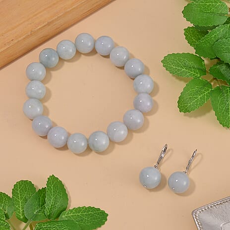 Natural Type A White Jadeite Beads Stretchable Bracelet (Size - 7.5) & Earrings with Lever Back in Rhodium Overlay Sterling Silver 370.00 Ct.