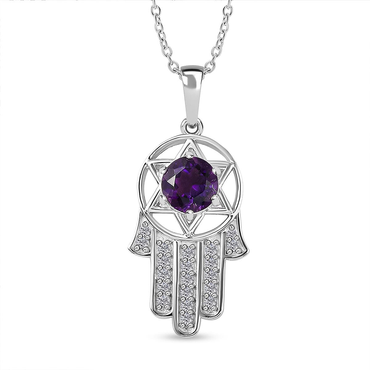Moroccan Amethyst & Natural Zircon Pendant with Chain (Size 20) in Rhodium Overlay Sterling Silver 1.57 Ct
