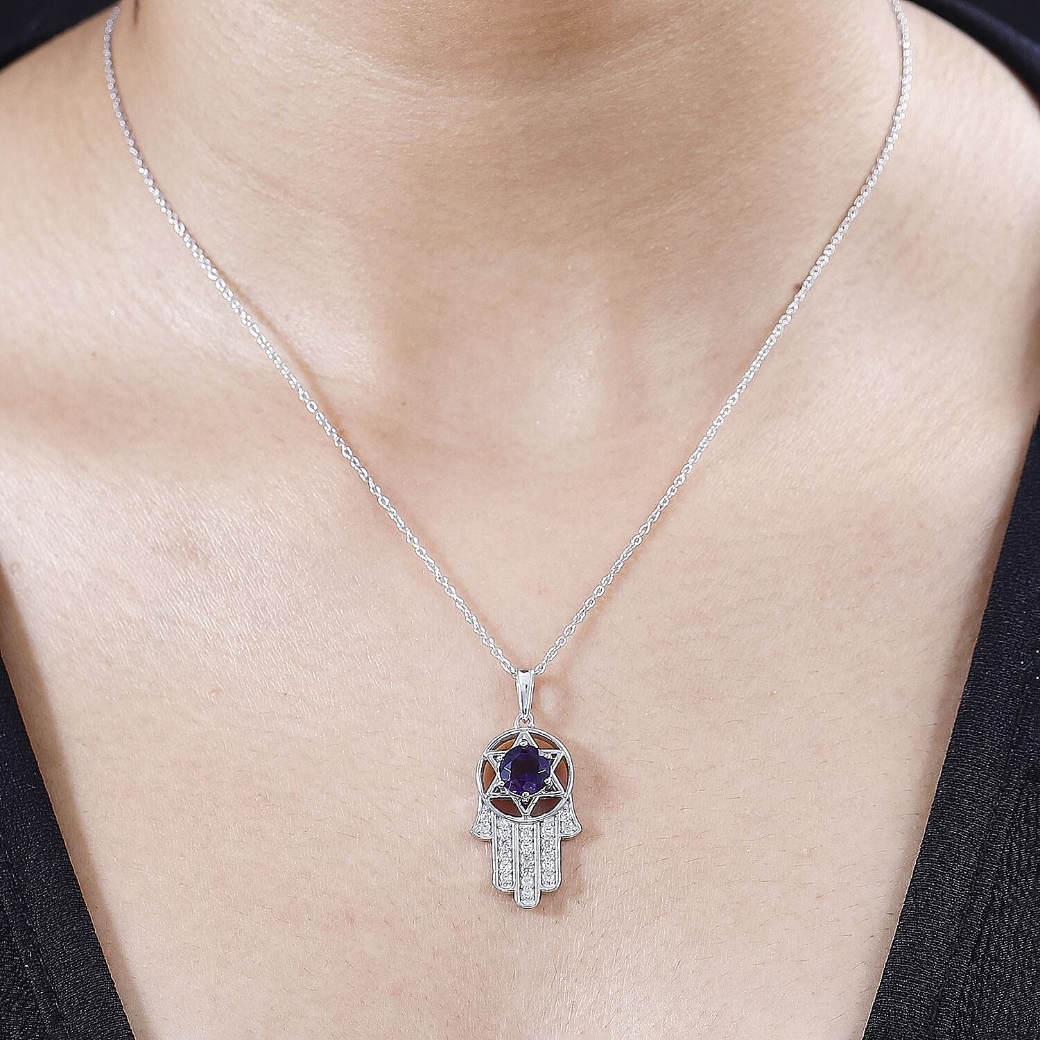 Moroccan Amethyst & Natural Zircon Pendant with Chain (Size 20) in Rhodium Overlay Sterling Silver 1.57 Ct