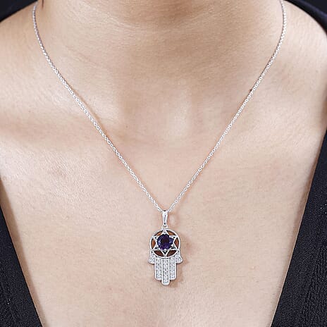Moroccan Amethyst & Natural Zircon Pendant with Chain (Size 20) in Rhodium Overlay Sterling Silver 1.57 Ct