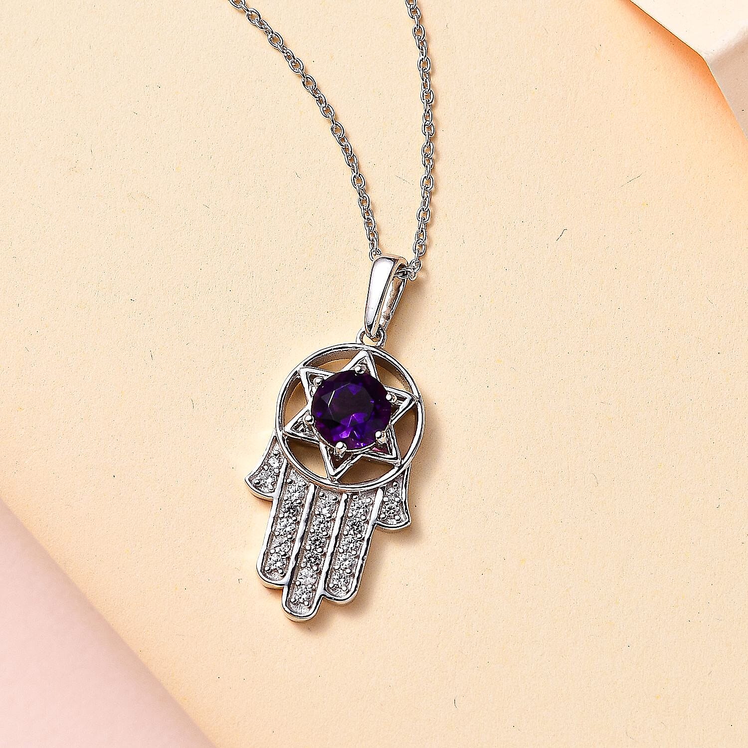 Moroccan Amethyst & Natural Zircon Pendant with Chain (Size 20) in Rhodium Overlay Sterling Silver 1.57 Ct