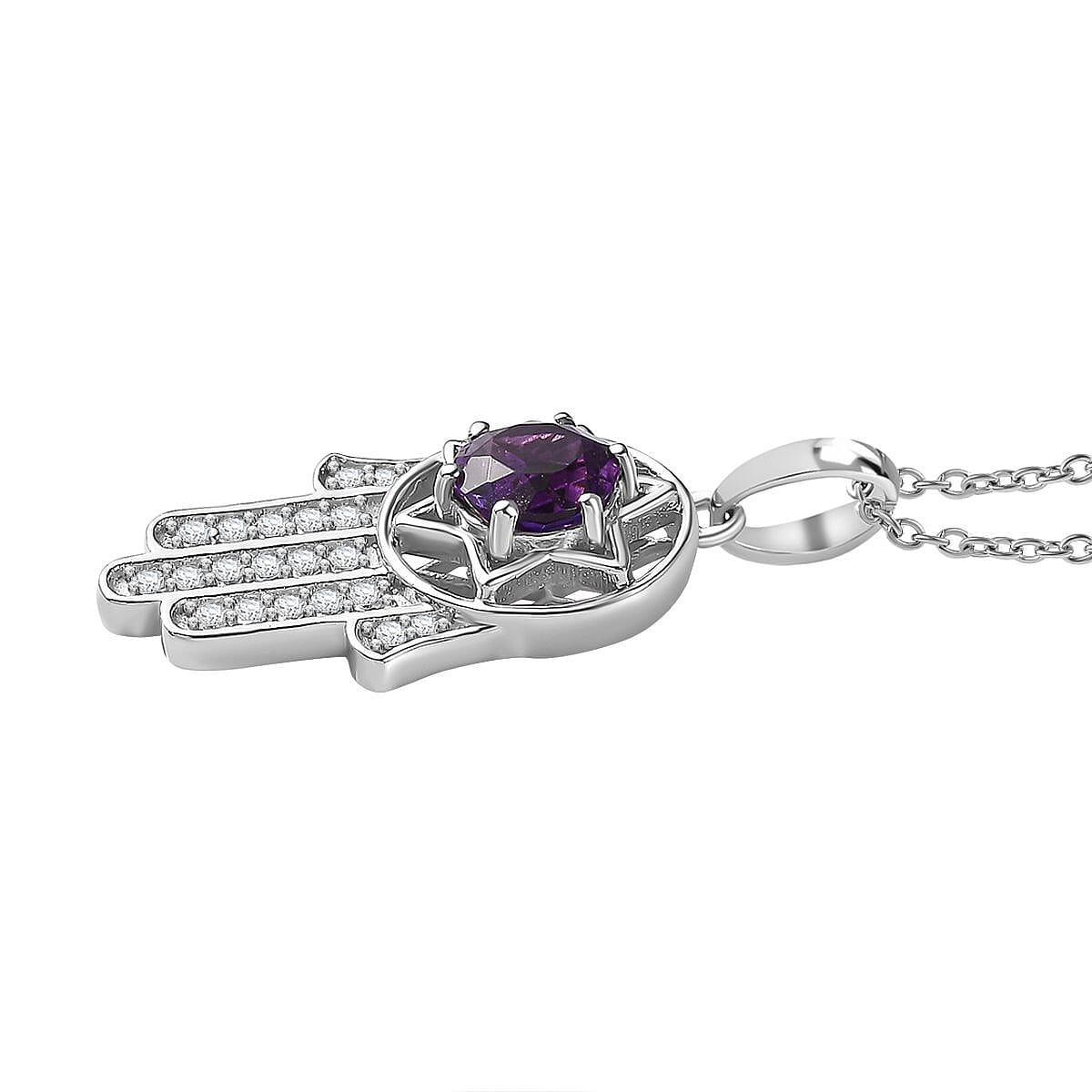 Moroccan Amethyst & Natural Zircon Pendant with Chain (Size 20) in Rhodium Overlay Sterling Silver 1.57 Ct