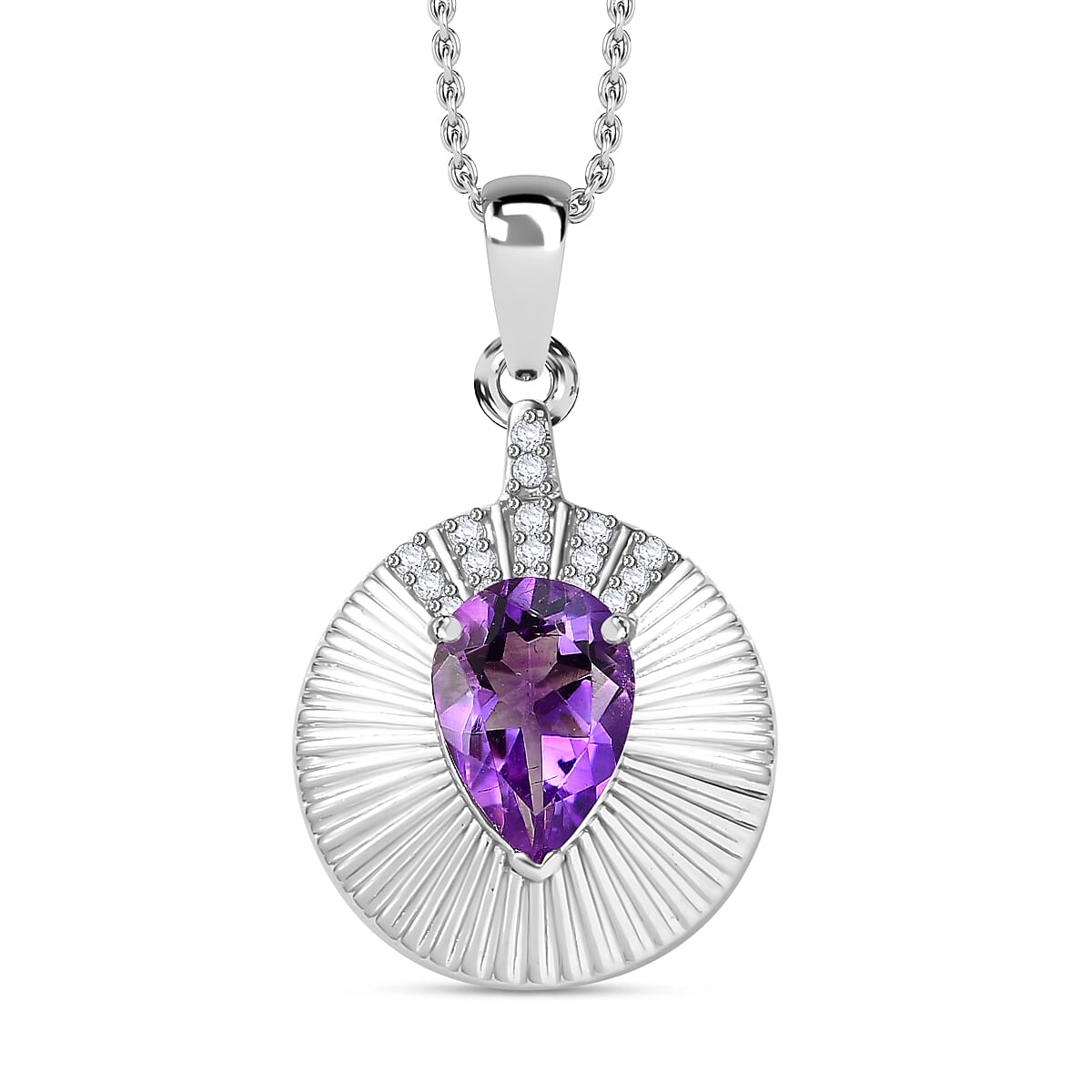 Moroccan Amethyst & Natural Zircon Pendant with Chain (Size 20) in Rhodium Overlay Sterling Silver 2.60 Ct.