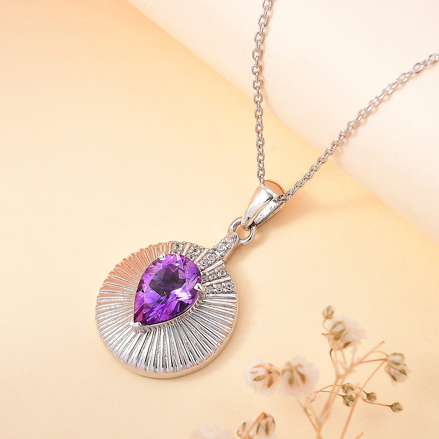 Moroccan Amethyst & Natural Zircon Pendant with Chain (Size 20) in Rhodium Overlay Sterling Silver 2.60 Ct.