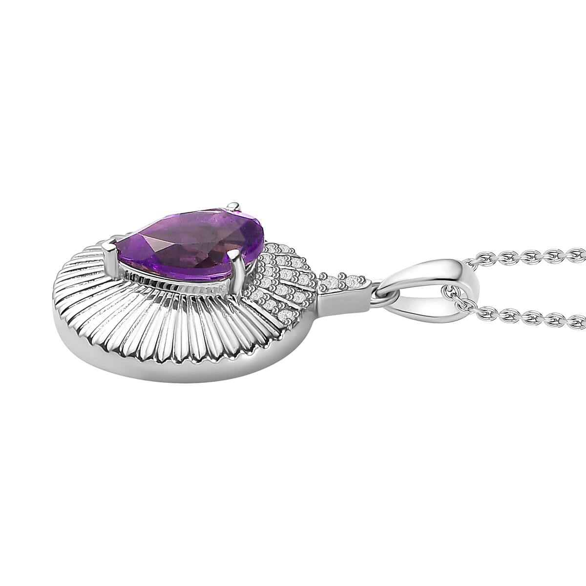 Moroccan Amethyst & Natural Zircon Pendant with Chain (Size 20) in Rhodium Overlay Sterling Silver 2.60 Ct.