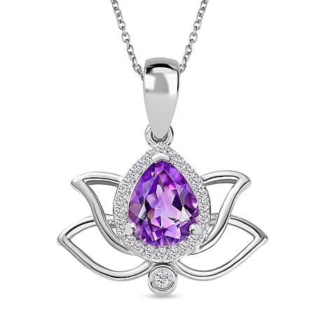 Moroccan Amethyst & Natural Zircon Pendant with Chain (Size 20) in Rhodium Overlay Sterling Silver 1.96 Ct,