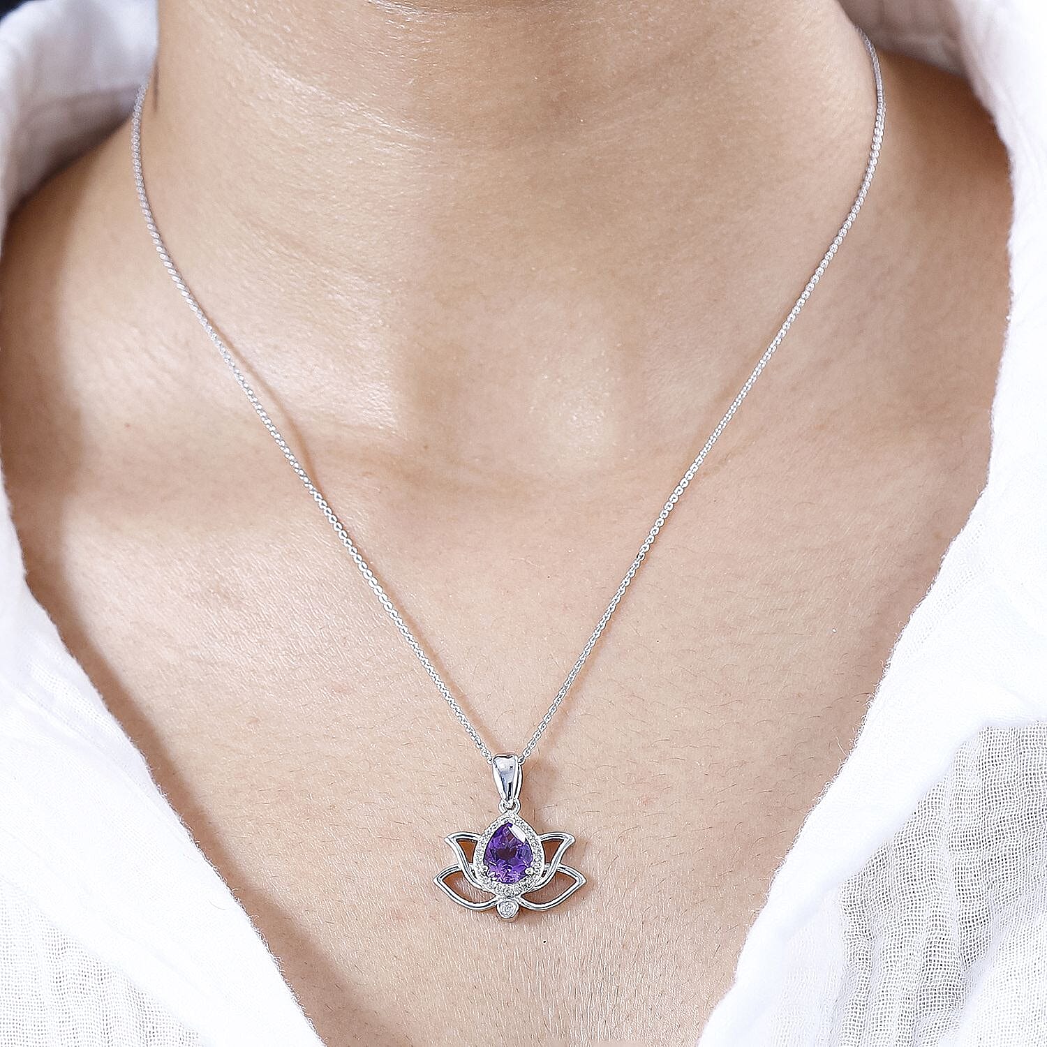 Moroccan Amethyst & Natural Zircon Pendant with Chain (Size 20) in Rhodium Overlay Sterling Silver 1.96 Ct,