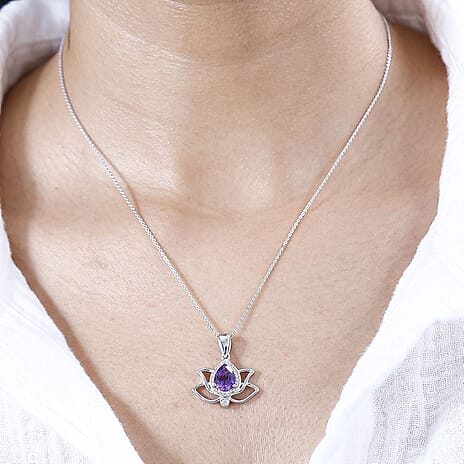 Moroccan Amethyst & Natural Zircon Pendant with Chain (Size 20) in Rhodium Overlay Sterling Silver 1.96 Ct,