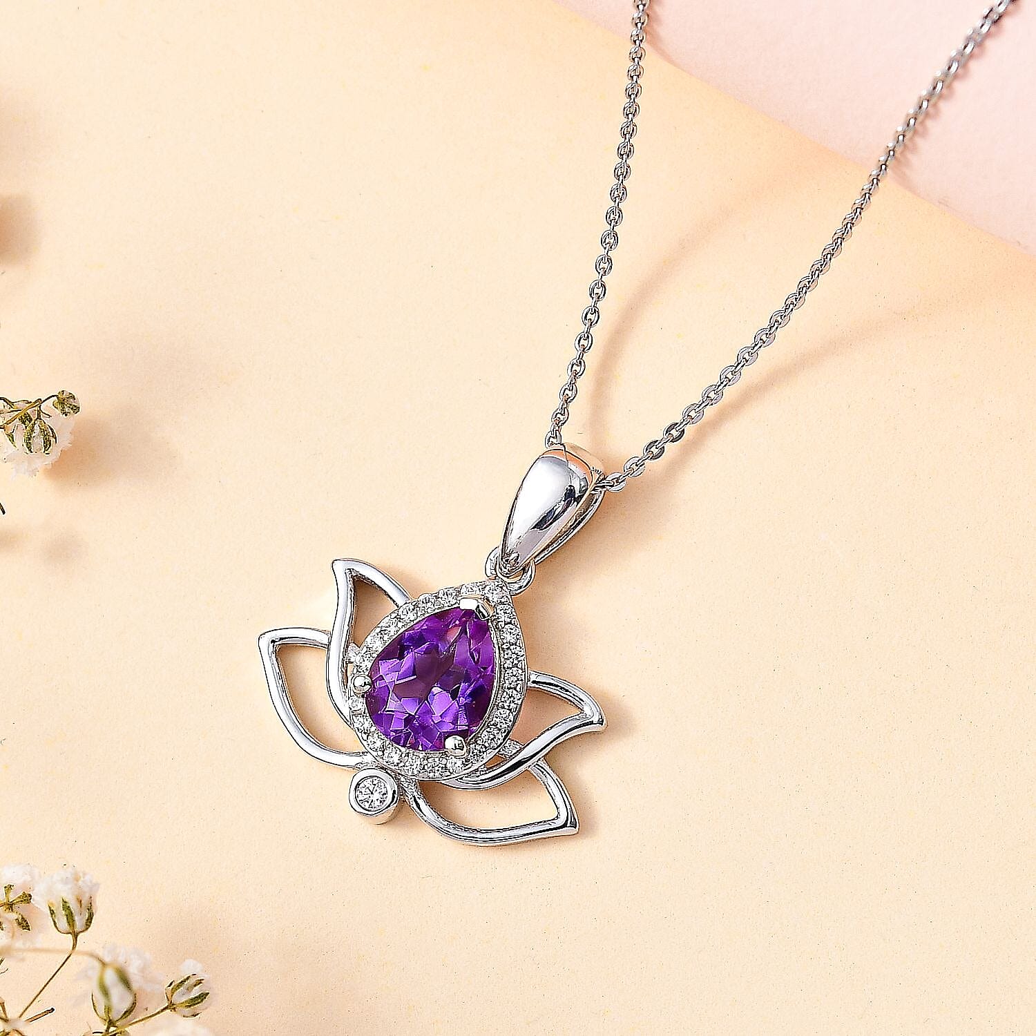 Moroccan Amethyst & Natural Zircon Pendant with Chain (Size 20) in Rhodium Overlay Sterling Silver 1.96 Ct,