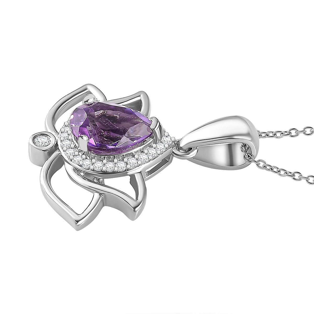 Moroccan Amethyst & Natural Zircon Pendant with Chain (Size 20) in Rhodium Overlay Sterling Silver 1.96 Ct,