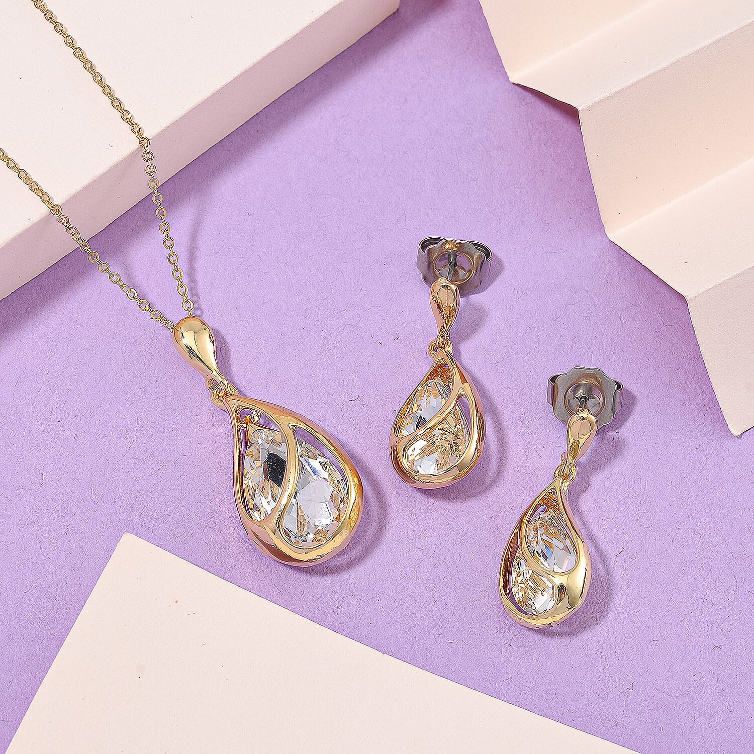 2 Piece Set - White Crystal Necklace (Size - 20-2 Ext) & Earrings with Push Back