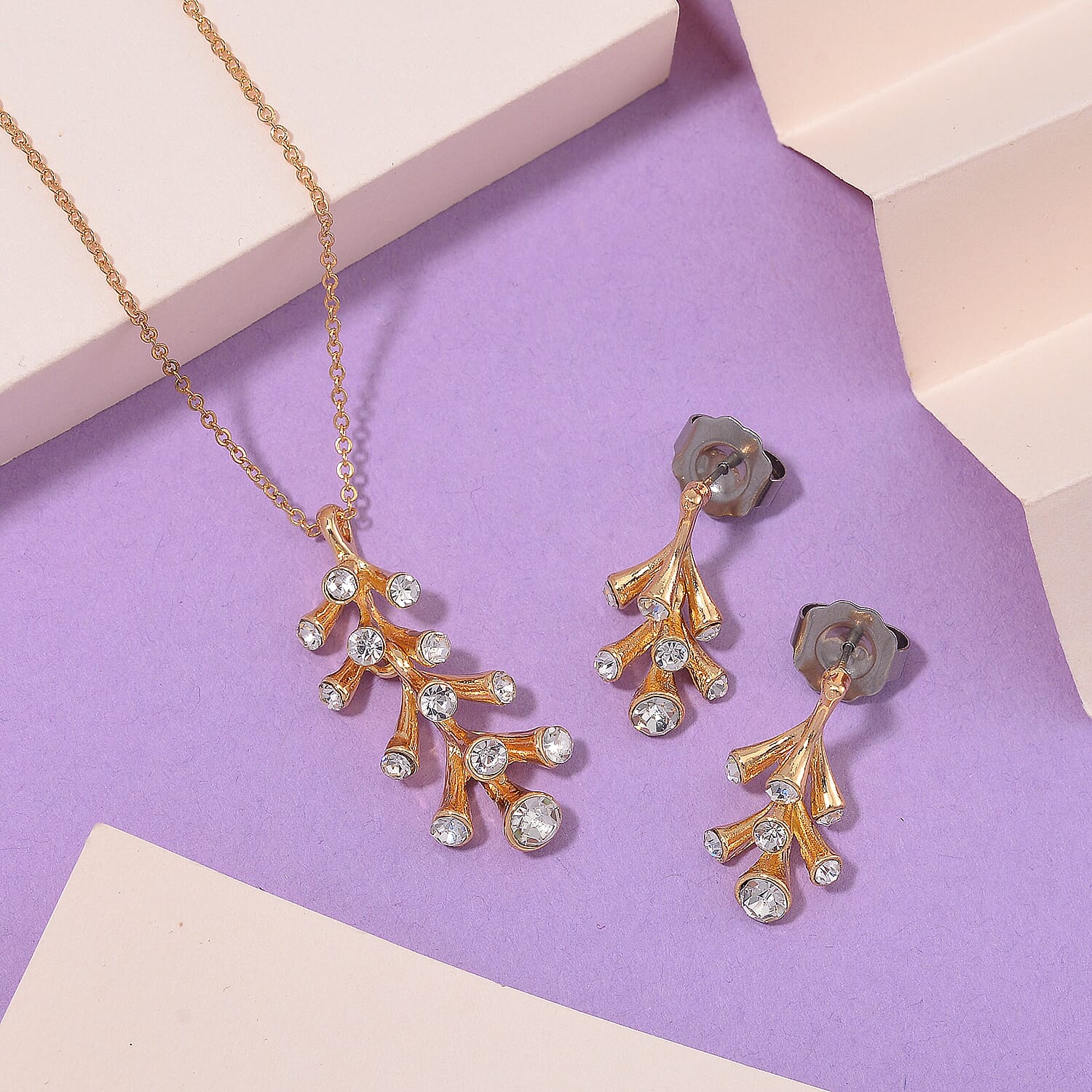 2 Piece Set - White Crystal Necklace and Earring with Push Back