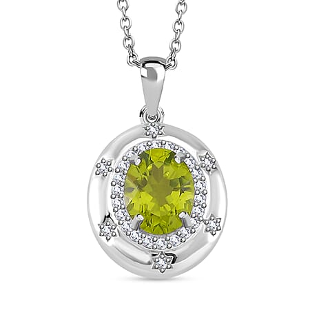 Natural Hebei Peridot and Moissanite Halo Pendant with Chain (Size 18) in Rhodium Overlay Sterling Silver 3.00 Ct Natural Hebei Peridot and Moissanite Halo Pendant with Chain (Size 18) in Rhodium Overlay Sterling Silver 3.00 Ct