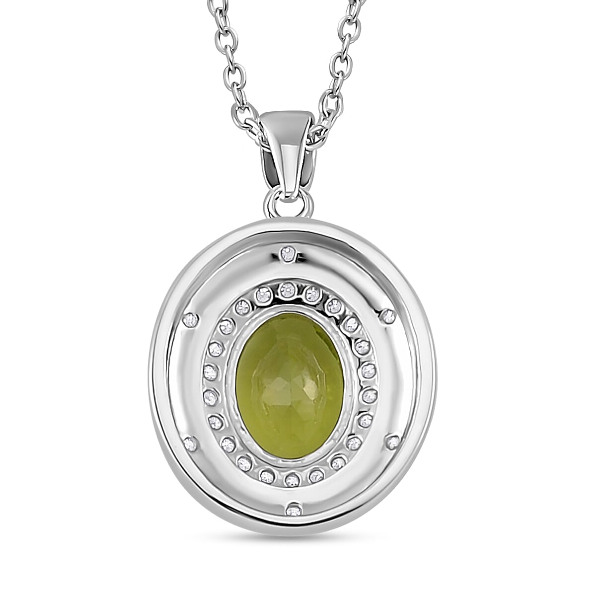 Natural Hebei Peridot and Moissanite Halo Pendant with Chain (Size 18) in Rhodium Overlay Sterling Silver 3.00 Ct Natural Hebei Peridot and Moissanite Halo Pendant with Chain (Size 18) in Rhodium Overlay Sterling Silver 3.00 Ct