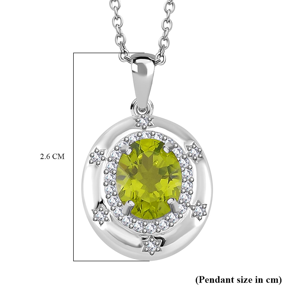 Natural Hebei Peridot and Moissanite Halo Pendant with Chain (Size 18) in Rhodium Overlay Sterling Silver 3.00 Ct Natural Hebei Peridot and Moissanite Halo Pendant with Chain (Size 18) in Rhodium Overlay Sterling Silver 3.00 Ct