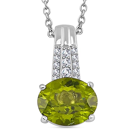Natural Hebei Peridot and Moissanite Pendant with Chain (Size 18) in Rhodium Overlay Sterling Silver 3.63 Ct, Silver Wt. 5.20 GM