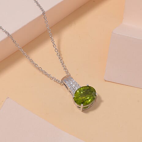Natural Hebei Peridot and Moissanite Pendant with Chain (Size 18) in Rhodium Overlay Sterling Silver 3.63 Ct, Silver Wt. 5.20 GM