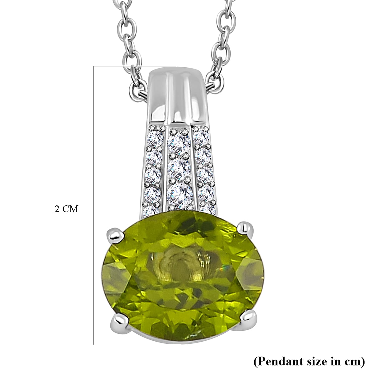 Natural Hebei Peridot and Moissanite Pendant with Chain (Size 18) in Rhodium Overlay Sterling Silver 3.63 Ct, Silver Wt. 5.20 GM Natural Hebei Peridot and Moissanite Pendant with Chain (Size 18) in Rhodium Overlay Sterling Silver 3.63 Ct, Silver Wt. 5.20 GM