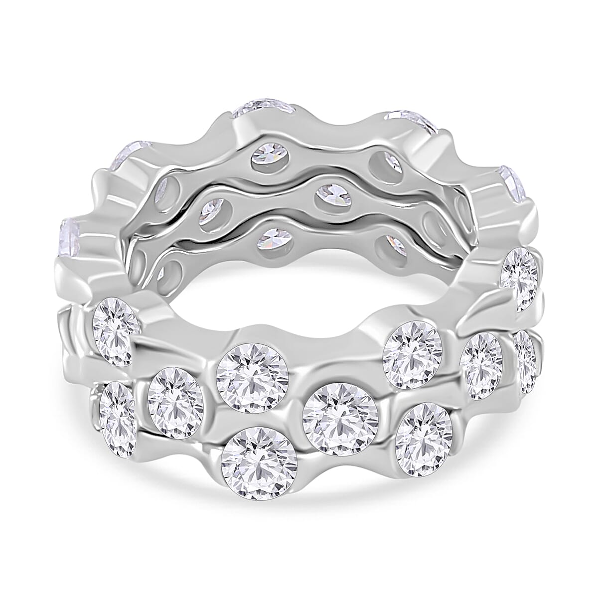 Set of 3 - Moissanite Band Rings in Rhodium Overlay Sterling Silver 6.50 Ct, Silver Wt. 27.00 Gms.