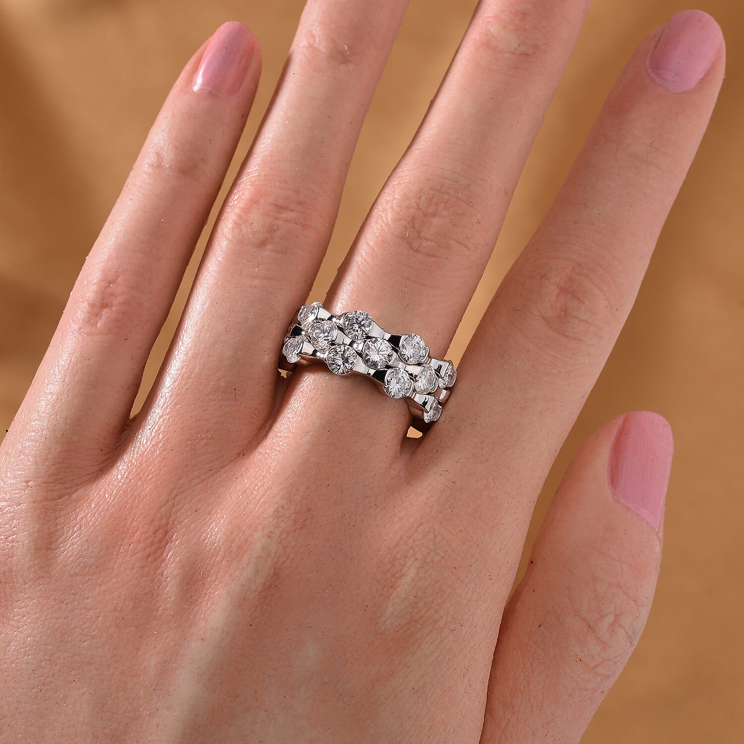 Set of 3 - Moissanite Band Rings in Rhodium Overlay Sterling Silver 6.50 Ct, Silver Wt. 27.00 Gms.