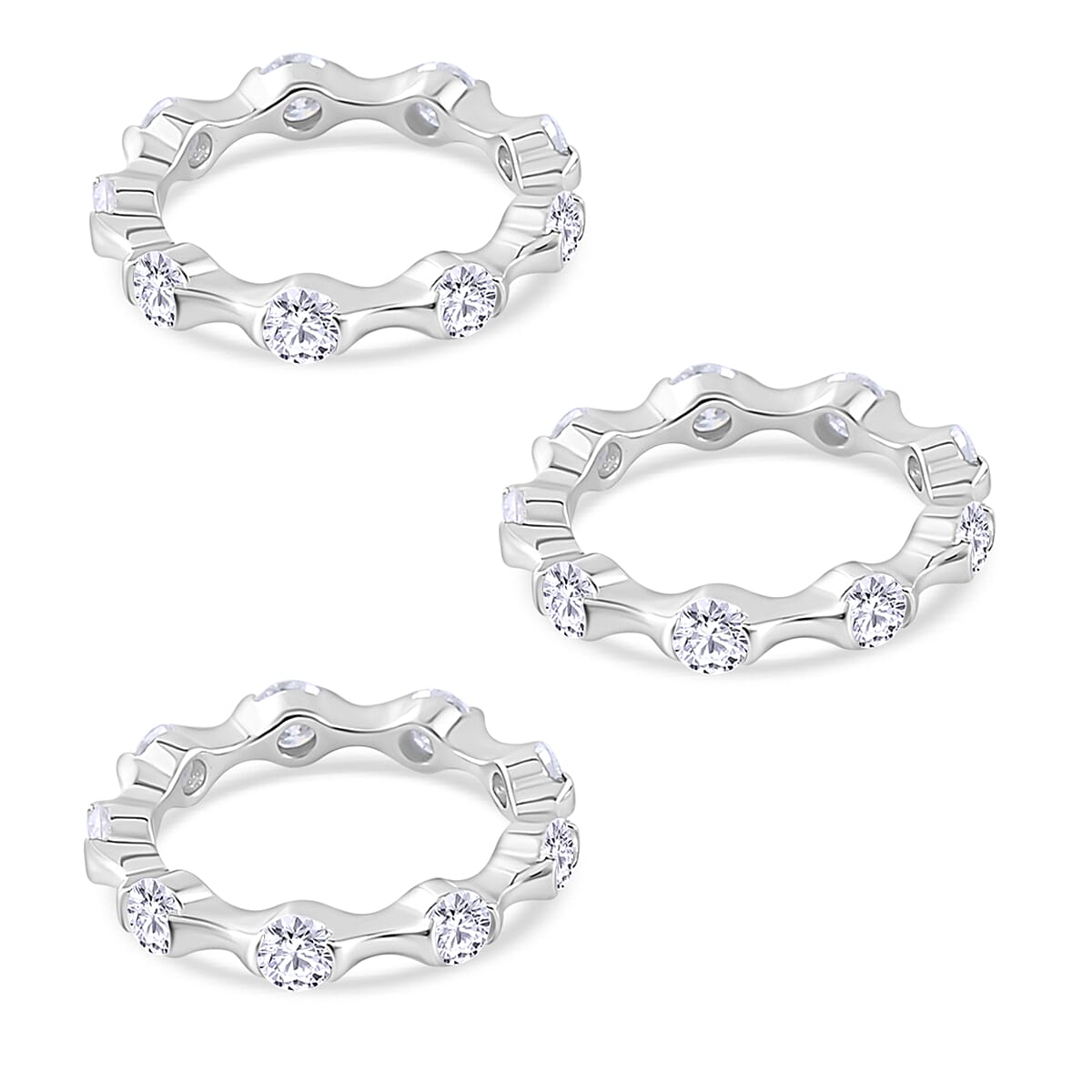 Set of 3 - Moissanite Band Rings in Rhodium Overlay Sterling Silver 6.50 Ct, Silver Wt. 27.00 Gms.